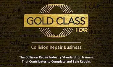 I-CAR Gold Class Collision Repair Business plaque on the wall at Ray's Travelers Auto Body